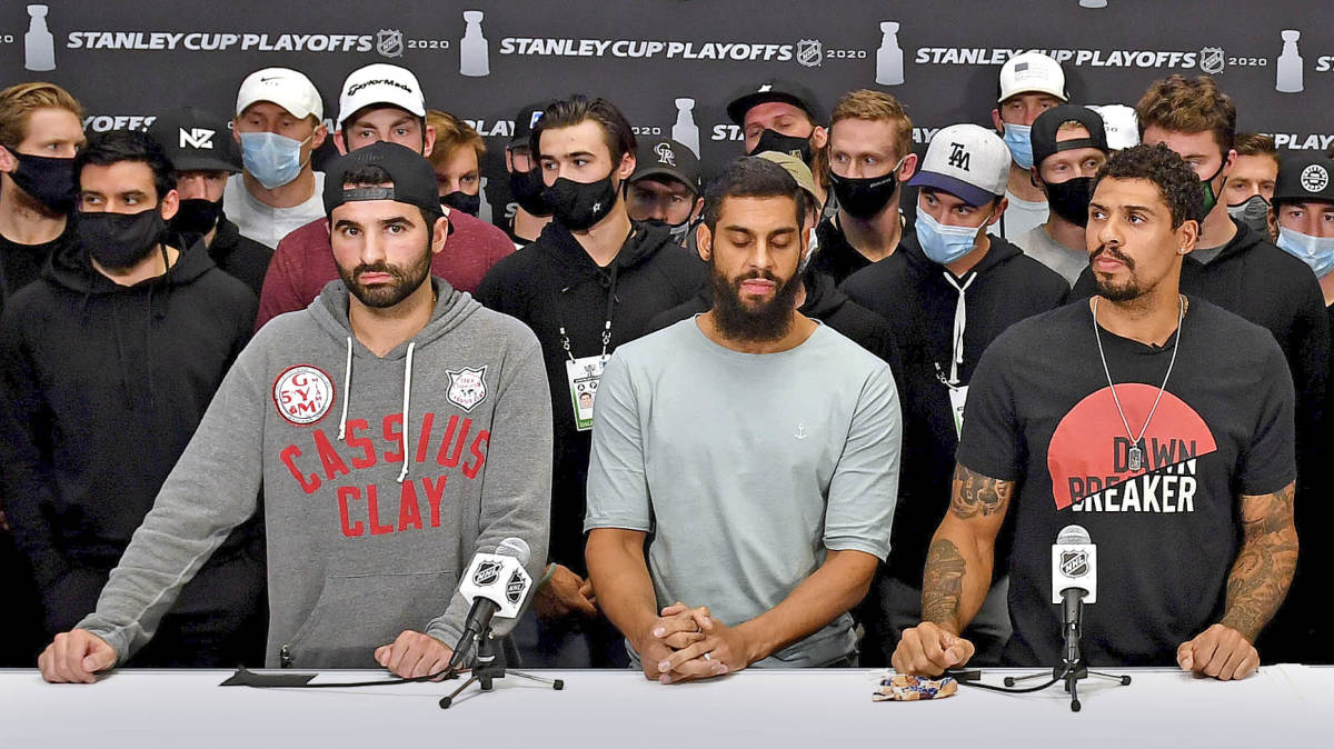 POWER PLAYERS: From Top: The HDA says Bettman and Davis came up short on their efforts to promote social justice in the bubbles; Kadri spoke alongside other players after play stopped following Blake’s shooting.